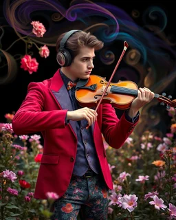 Gorgeous Realistic Photography a handsome young man a stunning adorned in vibrant luxury casual man clothing carnival attire, headphones,playing violin standing in garden park flowers,ethereal beauty, black background, with swirling colors and fantastical tiny flowers, enchantment and grace, twisted vines, whimsical, surreal landscapes, emotive style, dreamlike quality, and magical realism, carnival red, ethereal pink, whimsical blue, vibrant green, celestial purple, golden amber