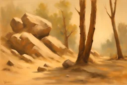 Trees, rocks, one person, 2000's sci-fi films influence, willem maris impressionism painting