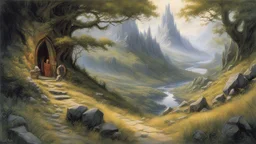 Style John Howe, Middle Earth, hobbits, magic, Tolkien, beautiful composition, exquisite detail, realistic, fascinating