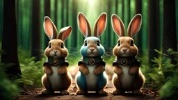 High-end hyperrealism epic cute Three fluffy brown rabbits heroes playing randomly in the middle length of the forest alley 20m away from camera, Steampunk-inspired cinematic photography, symmetry forest alley background, Aesthetic combination of metallic sage green and titanium blue, Vintage style with brown pure leather accents, Art Nouveau visuals with Octane Render 3D tech, Ultra-High-Definition (UHD) cinematic character rendering, close-ups capturing intricate beauty, hyper-detailed 8k