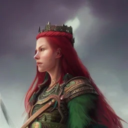 highly detailed portrait viking queen art, anime, red hair, green glass steel armor, cinematic lighting, 4k, 8k, octane render, digital concept art, greg rutkowski, trending on artstation, pinterest, extremely detail, 8k, ambient lighting.