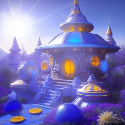 landscape of aztecan blue temple ambient beutiful villa white gold and neon lights bright and blue bright gloss effect of a futuristic house,like spaceship, natural round shapes concept, large transparent view of the open outdoor garden,sea beach,blue sky , gold crystals,with light blue, flowers of Lotus, beutiful pools, light of sun , palmiers,cerisiers en fleurs, wisteria, sun , stars, small waterfalls