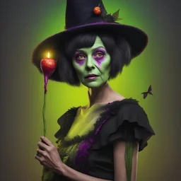 An amusing parody, an old, decomposing zombie with pixie-cut black hair and the wicked witch of the west, 4k, 8k, 32k UHD, Hyper realistic, extremely colorful, vibrant, photorealistic, realistic, sharp, highly detailed, professional quality,