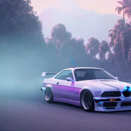 voiture blanche, drift, fleur, chrome, synthwave, Concept Art, couleur vibrante,BMW E36,