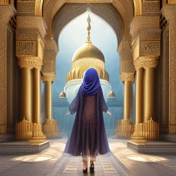 realistic photograph of women in flowing burkas standing in front of intricate, ornate, fine-detailed, stunning mosque, clear sky, volumetric lighting, 8k resolution, high-quality, Moe Zoyari, Marc Adamus, Ann Prochilo, Romain Veillon, intricate, digital art, national geographic photo, xf iq4 150mp camera system