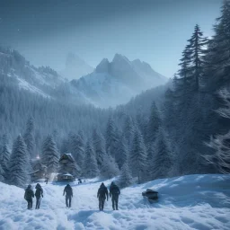 Five people hunting in snowy forest, sense of fear, mountain hut in the background, Alps, night sky, 8k, HD, cinematography, photorealistic, Cinematic, Color Grading, Ultra-Wide Angle, Depth of Field, hyper-detailed, beautifully color-coded, insane details, intricate details, beautifully color graded, Cinematic, Color Grading, Editorial Photography, Depth of Field, DOF, Tilt Blur, White Balance, 32k, Super-Resolution, Megapixel, ProPhoto RGB, VR, Halfrear Lighting, Backlight, Natural Lighting