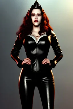 painting of kat dennings as evil queen in black leather pants, , leather, angry, stern look, volumetric lighting, particales,highly detailed,cinematic, deep colours,8, highly detailed, digital painting, artstation, concept art, smooth, sharp focus,