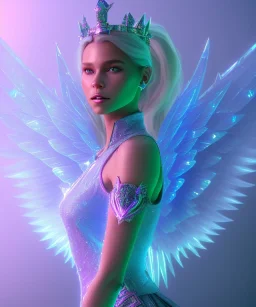 A crystalised queen, atmospheric, realistic, unreal engine, cinematic lighting, octane render. blue, pink, transparency, light, shine,bright, full body, transparent wings, blonde, long hair, nice smile