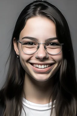 mujer con brackets dentales, pelos faciales, piel muy grasa y lentes