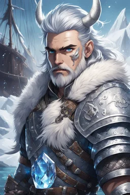 in anime style, 1man, a man with blue eyes and silver hair man in silver Viking armor with fur around the neck with blue crystal on his chest holding an axe in his hands standing on a pirate ship in the artic, warrior in anime style,