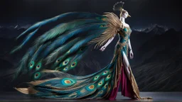 A majestic figure with a bird-like head and long, flowing feathers that resemble a peacock's tail. The figure stands against a dark, mountainous backdrop. The feathers are vibrant with shades of blue, green, and gold, and they spread out dramatically, almost as if they are in motion. The figure's body is adorned with intricate patterns and designs, and it wears a long, flowing dress that mirrors the colors and patterns of the feathers. The dress has a high slit on one side, revealing a leg.