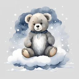 watercolour children's book illustration, muted tones, cute grey-beige sleepy little baby teddy bear, sitting on a snow white cloud, isolated on a solid white background