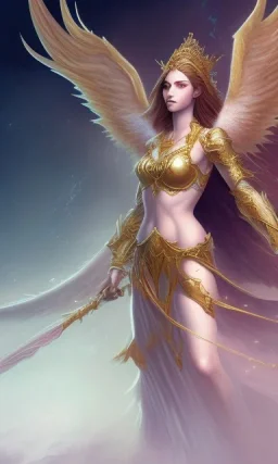 Female angel with big wings and golden crown floating above the ground in the dark, michelangelo style, detailed, world of warcraft style