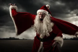 A captivating image of a attacking angry Scary vampire Father Christmas, poised on a vast field with a stark contrast between light and dark, conveys a powerful sense of tension. In this expertly captured photograph, the predatory animal stands tall, its muscular frame oozing strength and dominance. The sharpness of every detail accentuates the creature's primal aura, from its razor-sharp teeth and piercing eyes to its sleek, glossy fur. This mesmerizing image.