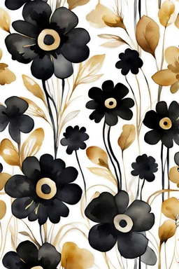 watercolor abstract big BLACK flowers with golden outlines on white background