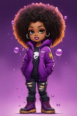 Create an colorful urban comic book illustration of a chibi cartoon black female thick curvy wearing a cut of purple hoodie and black jeans and timberland boots. Prominent make up with long lashes and hazel eyes. Highly detailed shiny black curly afro hair. Background of a large bubbles all around her