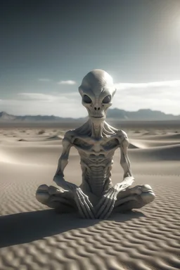 alien sedang duduk di tengah gurun pasir