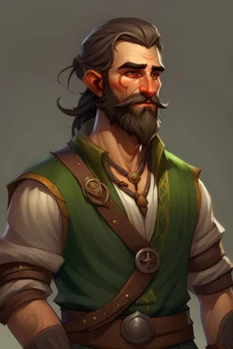 Generate character art for the affable wood elf bard, embodying the charm of a handsome, middle-aged dad. Picture him with a slightly heavier set physique, reflecting a joyful and contented life. Emphasize his rugged handsomeness with a well-groomed beard that adds a touch of maturity to his appearance. Dress Thalion in a comfortable yet stylish outfit that befits his wood elf origins, capturing the balance between his carefree spirit and middle-aged warmth. Consider incorporating elem