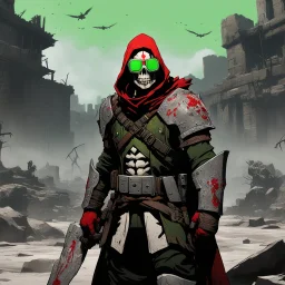 [wii No More Heroes style with thick lines] Ultra-detailed 8K image in a post-apocalyptic style shows a warrior with red hands and a skull, and fluorescent green goggles. The face and hands are realistically textured, revealing the cracked surface and veins beneath the skin. A ragged linen cloak billows in the wind. The background is a dark wasteland with ruins and a figure on a horse. Chiaroscuro and muted colors emphasize the gloomy atmos