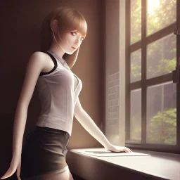 female student studying by the window, anime style,perfect face, cool face, ultra detail, unreal engine 5, cinema4d, sun light, studio lighting --ar 1:1 --v 4