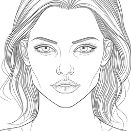 generate coloring book page in simple thin outline drawing vector front view face model women ,white background