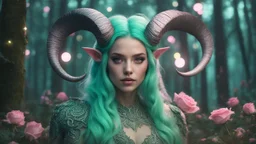 magical ram human hybrid creature with horns wild green colored hair in pastel colored rose forest, trees, flowers, fairy lights, night, 8k, high quality, trending art, trending on artstation, sharp focus, studio photo, intricate details, highly detailed, by greg rutkowski