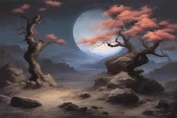 night, dark fantasy influence, philosophic and inmaterial influence, rocks, dry trees, flowers, distant house, japanese anime style, friedrich eckenfelder, ferdinand georg waldmuller, and auguste oleffe paintings