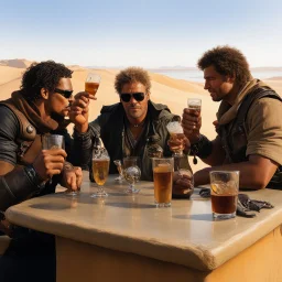 [photo by Angus Mcbride] Mad Max and friends drinking a glass at the counter of a bar outside, on a dune, over the river