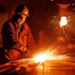 Imagen realista y dramática de una trabajador en una fábrica de fundición rodeado de las chispas que saltan, en medio de la penumbra, primer plano del trabajador mirando la pieza que funde. Fotografía periodística realizada con una cámara Leica y un objetivo de 50 mm