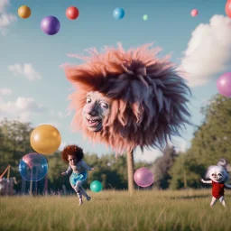 Ultra realistic circus scene. Sweet big hair monster flying. Child’s playing, strong man, smile, happy, color bubbles, smooth color, waist up view, Wes Anderson style, dark ambient, highly detailed, concept art, unreal engine 5, god rays, ray tracing, RTX, lumen lighting, ultra detail, volumetric lighting, 3d, finely drawn, high definition, high resolution.