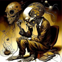 Strychnine biomechanism, abstract surrealism, by Phlegm and Dave McKean and Santiago Caruso, silkscreened mind-bending illustration; warm colors, off-centered fragmented composition, stages of dark shines overdose of grotesque, Expressionism