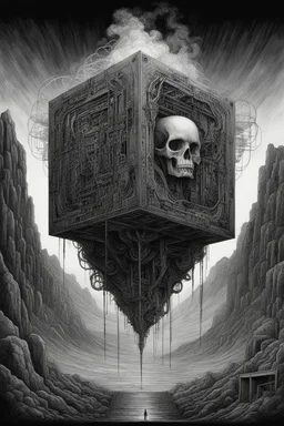 A cube on and with computer chips and a smoke in the mountains background dark a thin line draw ، front view camera, decayed and proportions and imagery. surreal chorror, biomechanical design, by hr giger and beksinski , fine lines draw