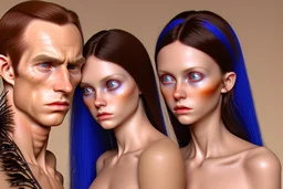 { mature woman, young man, little girl } with { red, blue, amber} skin looks like an alien, long neck, ear like bat wings, big eyes, beautiful, little hair, royal with jewlery, photorealistic, elongated head, skin decorations --v 6