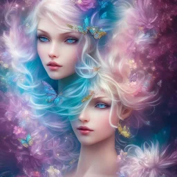 bright fairy, beautiful portrait, blond hair,blue eyes, flowery luminous pastel colors, butterfly