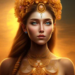 Nayanthara flower goddess , face and shoulders , golden hour , circuitry, 16k , beautiful eyes