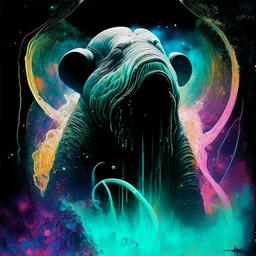 colossal anthropomorphic lovecraftian walrus cosmonaut, abstract surreal horror, by Dave McKean and Arthur Secunda and Stephen Gammell, acid wash mind-bending illustration; asymmetric, neon dark shine burn, atmosphere guided by N(t)=N0​⋅e−kt