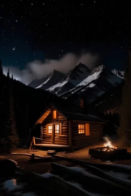 horizontal picture of cabin out in the woods with bonfire stars and mountains in the background