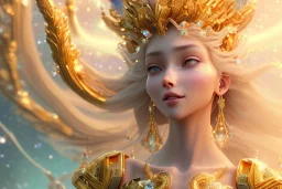 very beautiful crystal and gold goddess in a galactic ambiance, nice smiling, transparent petals, delicate colors, full of details, smooth, bright sunshine，soft light atmosphere, light effect，vaporwave colorful, concept art, smooth, extremely sharp detail, finely tuned detail, ultra high definition, 8 k, unreal engine 5, ultra sharp focus