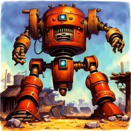 90's fantasy tcg art of a large junk robot in junkyard