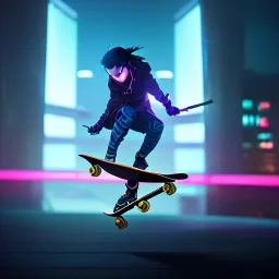 photo of a ninja riding a skateboard; in an alternate universe in tokyo; cyberpunk; realistic; rain; neon signs