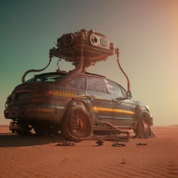 3d rendering. Steampunk futuristic yellow monster machine. Buried in desert sand. Lost in Time, dramatic lighting, neon Lut, hyper realistic, cinematic lighting