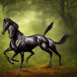 A black stallion galloping through the woods