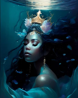 an ethereal and dark portrait of a queen without face submerged in dark waters, white skin, hair covering his face, queen with her back, crown at the head, many jewels underwater, using soft, fluid brushstrokes and a dreamy color palette to convey the weightlessness and tranquility of being underwater.