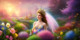 bright fairy, beautiful portrait, flowery landscape