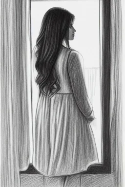 Pencil sketch of Young woman look through the window , Arab features,sad, long wavy hair, full body، on lined paper