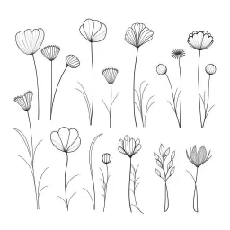 set of grow wind flower on the grace, SIMPLE ONE lineS art, white background, minimalis, different view, only white bakcground solid.