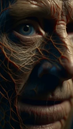 A hyperrealistic macro shot of a dead man face out of a spider web, intricate details, soft natural light, screen captured from 4K Blu-ray