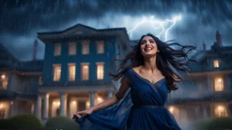 Hyper Realistic Photographic Low-Angle View Of A Beautiful Young Pashto Woman With Beautiful Eyes Lips & Nose (Wearing Beautiful Traditional Navy-Blue Dress Her Beautiful Long Black Hair Whirling In Air) Happily Standing & Smiling Outside A Fancy Navy-Blue Mansion Heavy Rainfall Night with Thunderstorm Showing Dramatic & Cinematic Ambiance.