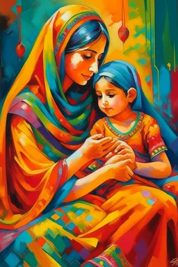 oriental arabic woman with child playing with each other painting colorfull