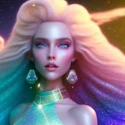  full body white woman glitter smiling long blond hair blue eyes in a galactic ambiance, delicate colors in the foreground, full of details, smooth, light effect，vaporwave colorful, smooth, extremely sharp detail, finely tuned detail, ultra high definition, 8 k, ultra sharp focus